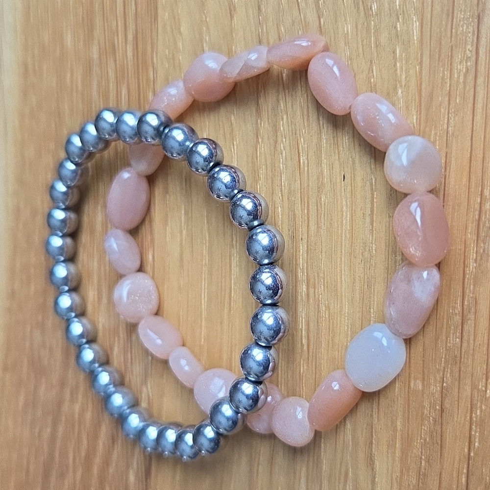 Silver Hematite & Orange Sunstone Bead Stretch Bracelet Set, Hand Crafted - Picture 5 of 13